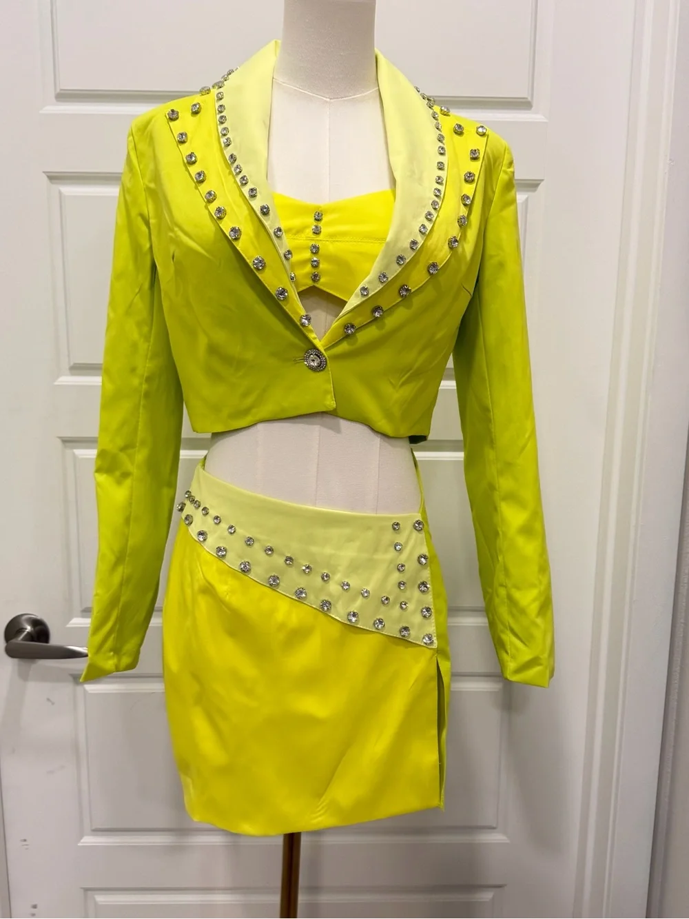 3PC Lime Yellow Rhinestone Embellished Blazer, Bralette & Mini Skirt Set NWT